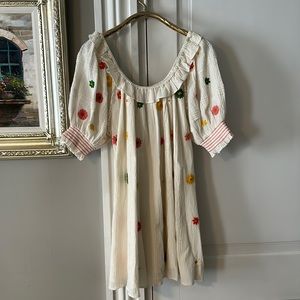 Cleobella Cream Peasant Dress with Red, Yellow & Green Floral Embroidery